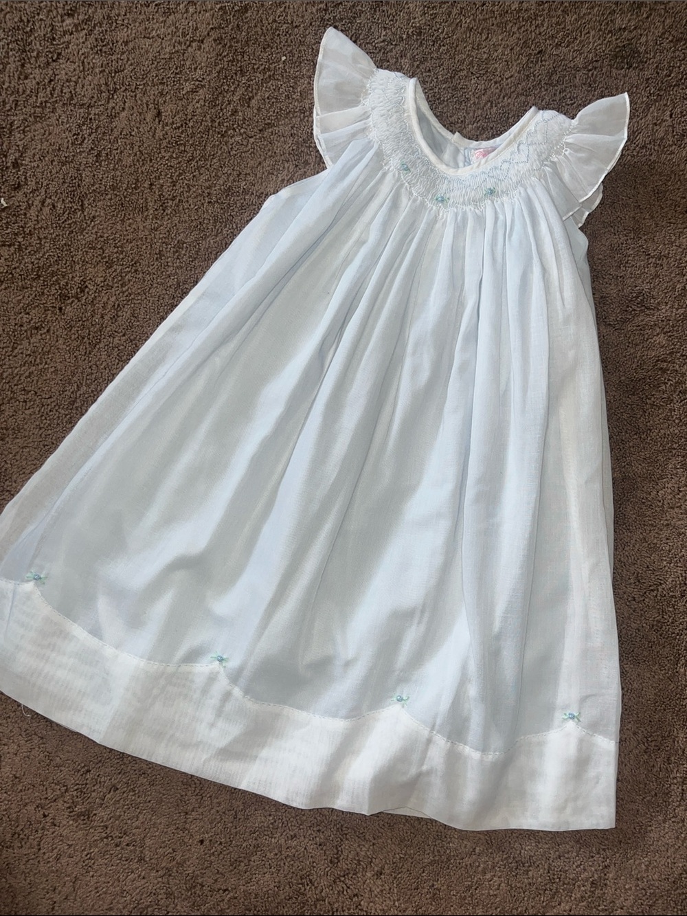 White Girls' Ruffle-Sleeve Dress with Blue Underlay - Classic